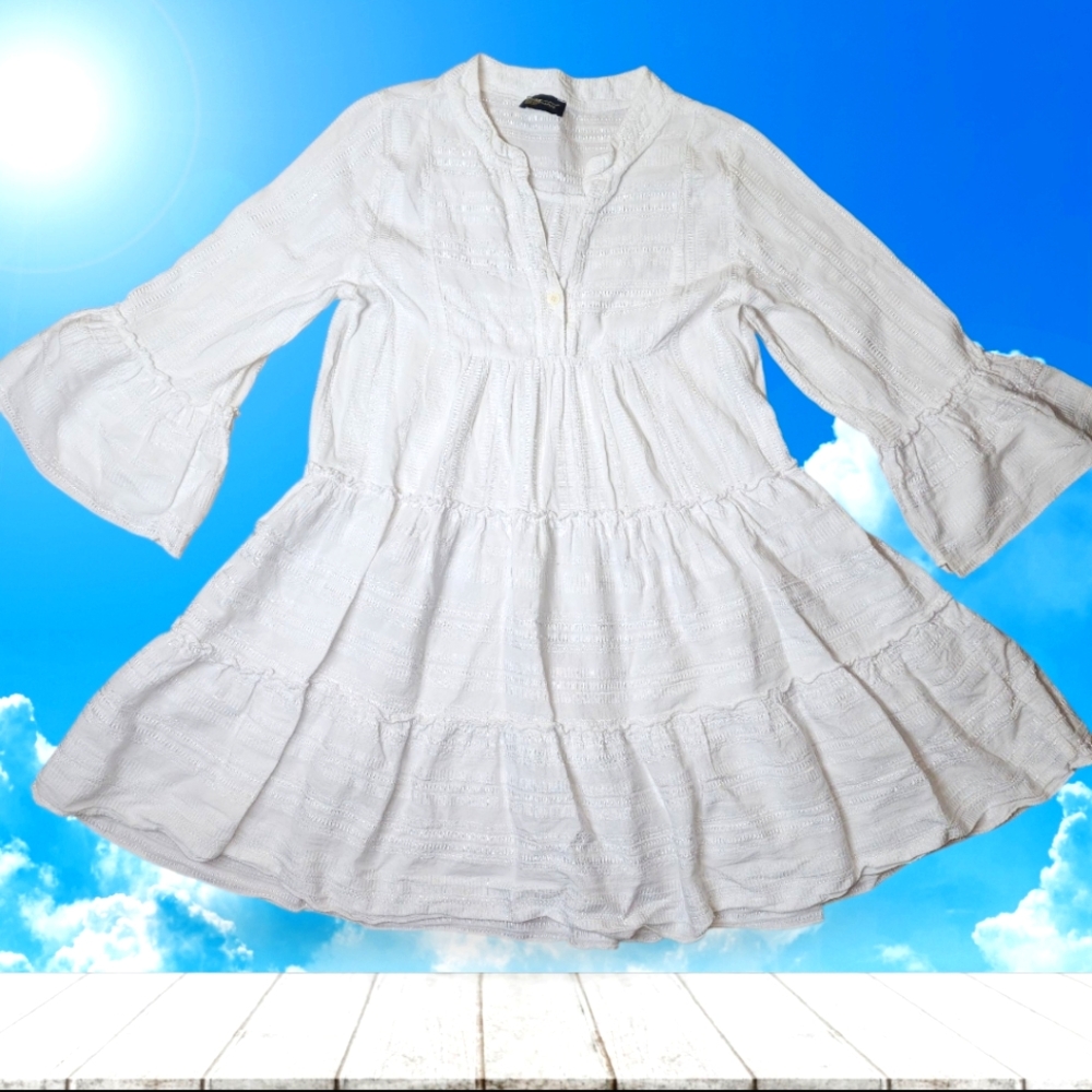 Grimani White Textured Tiered Tunic Dress – Bell Sleeve Boho Style